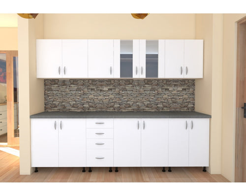 Bucatarie Alfa 2.6 metri PAL alb cu blat Beton