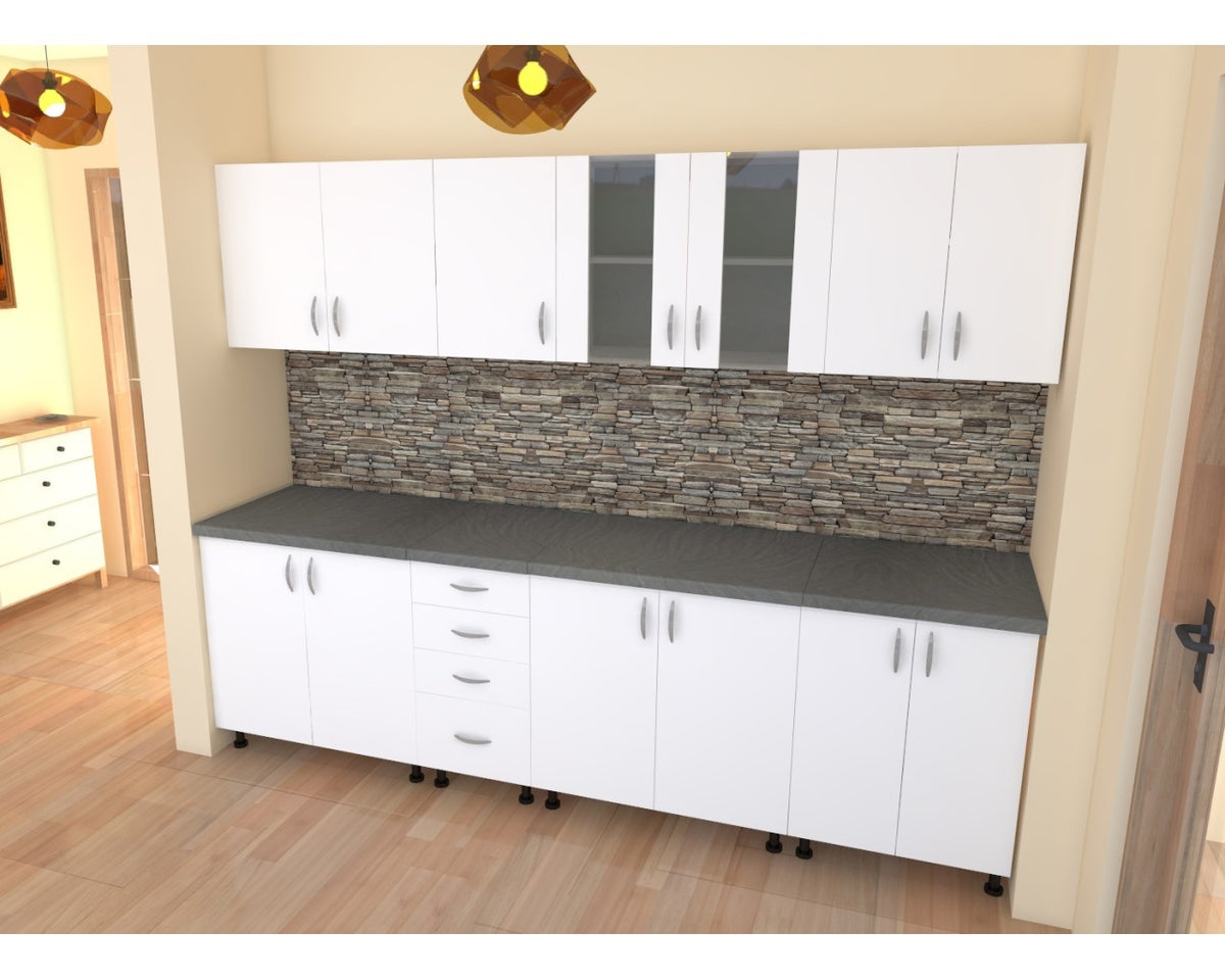 Bucatarie Alfa 2.6 metri PAL alb cu blat Beton