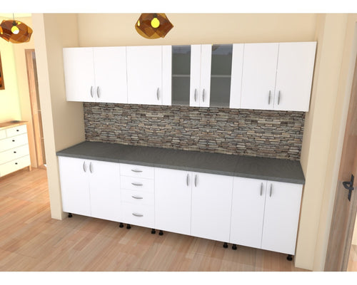Bucatarie Alfa 2.6 metri PAL alb cu blat Beton