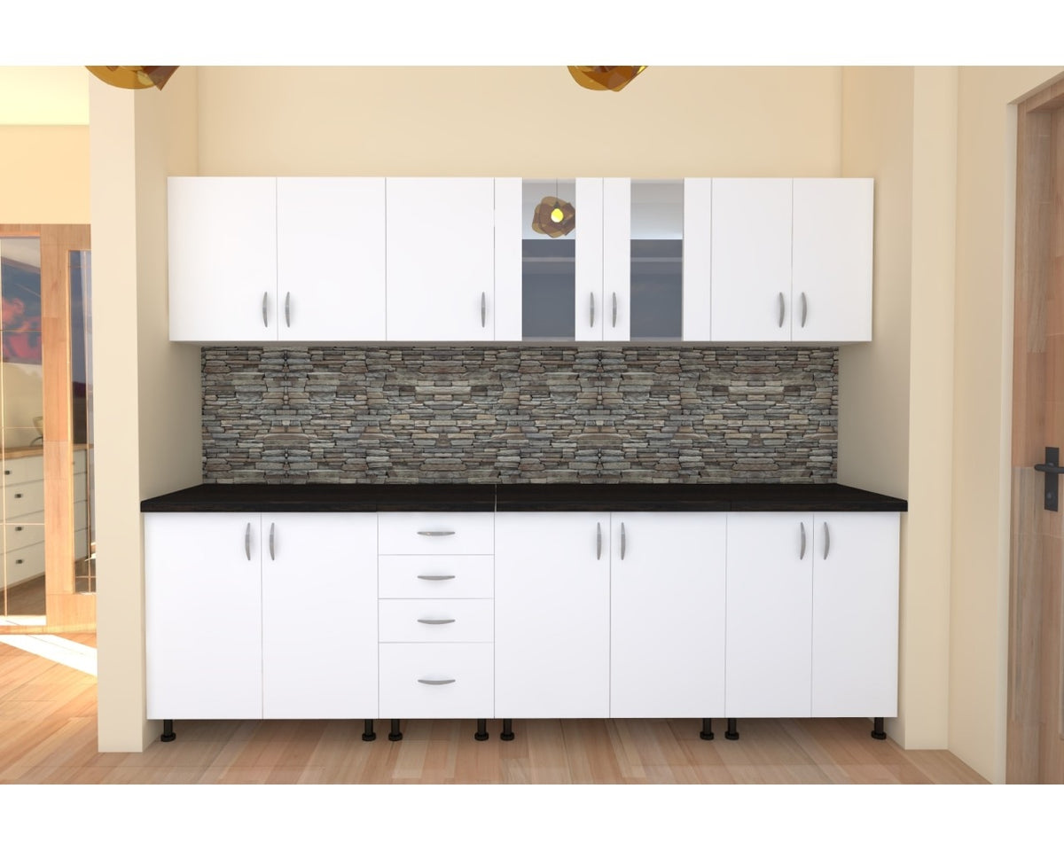 Bucatarie Alfa 2.6 metri PAL alb cu blat Wenge