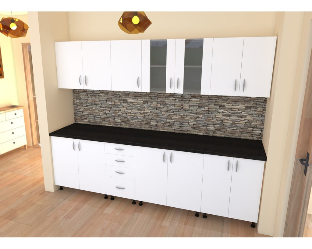 Bucatarie Alfa 2.6 metri PAL alb cu blat Wenge