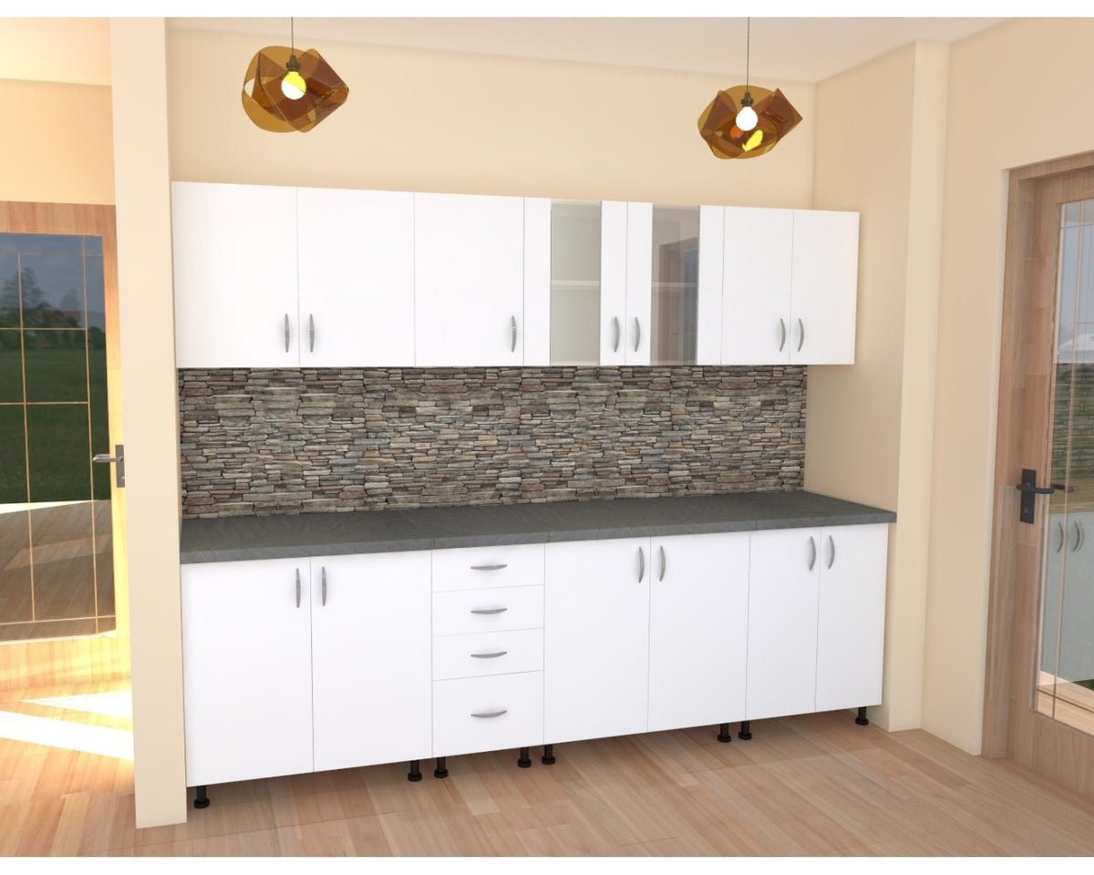 Bucatarie Alfa 2.6 metri PAL alb cu blat Beton