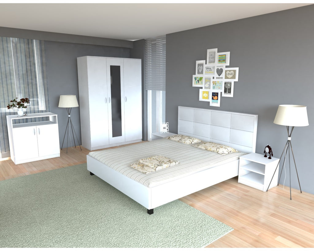 Dormitor Soft Sonoma cu pat tapitat bej pentru saltea 120x200 cm