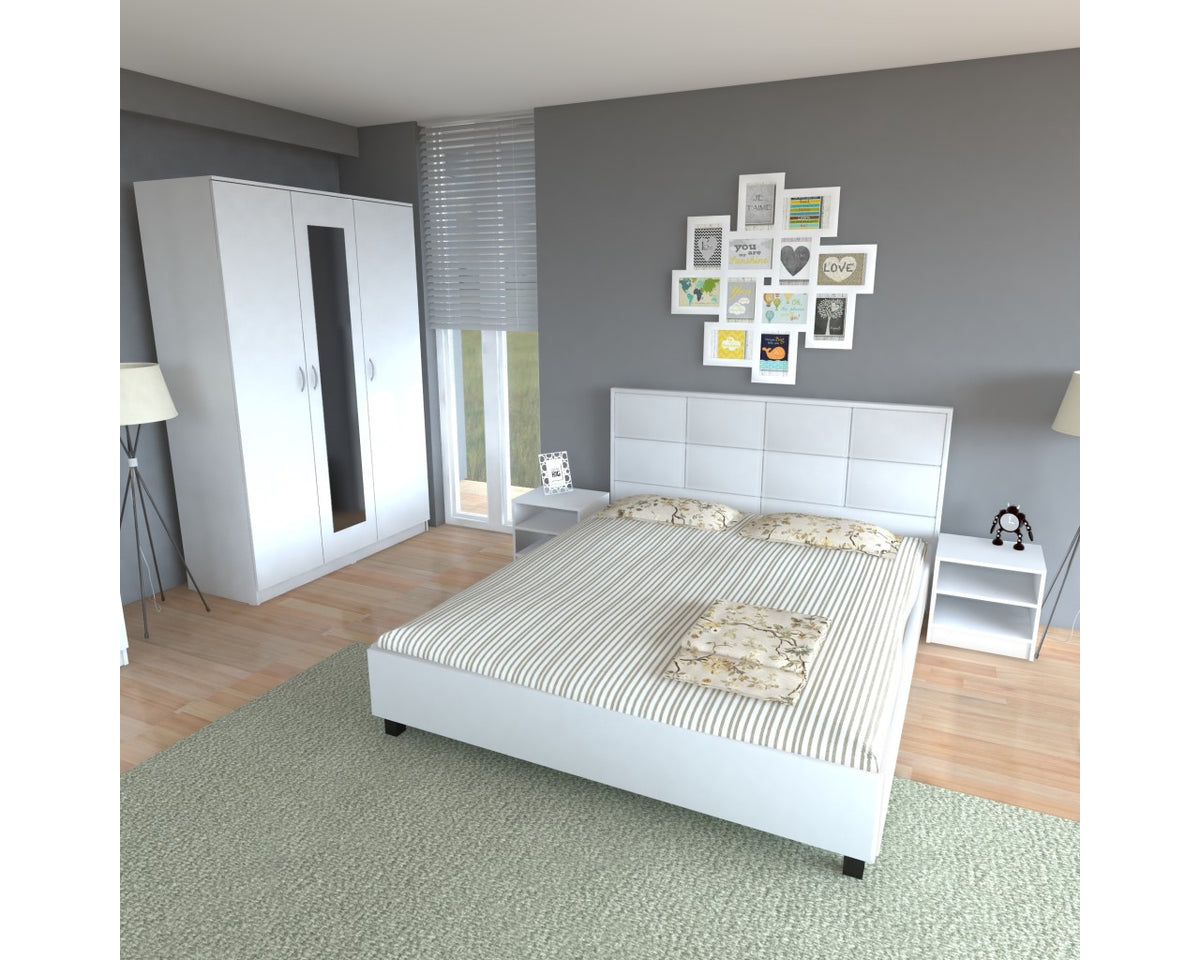 Dormitor Soft Alb cu pat tapitat alb pentru saltea 120x200 cm