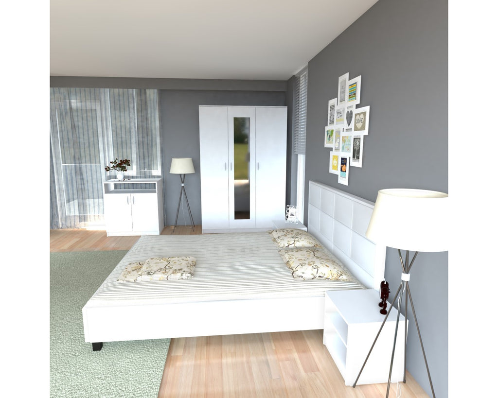 Dormitor Soft Alb cu pat tapitat alb pentru saltea 160x200 cm