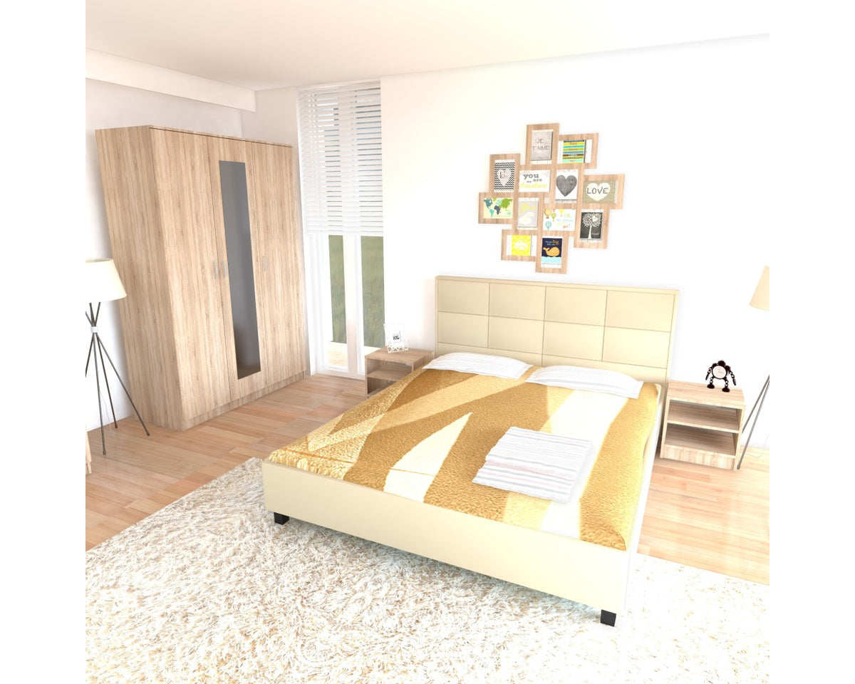 Dormitor Soft Sonoma cu pat tapitat bej pentru saltea 120x200 cm