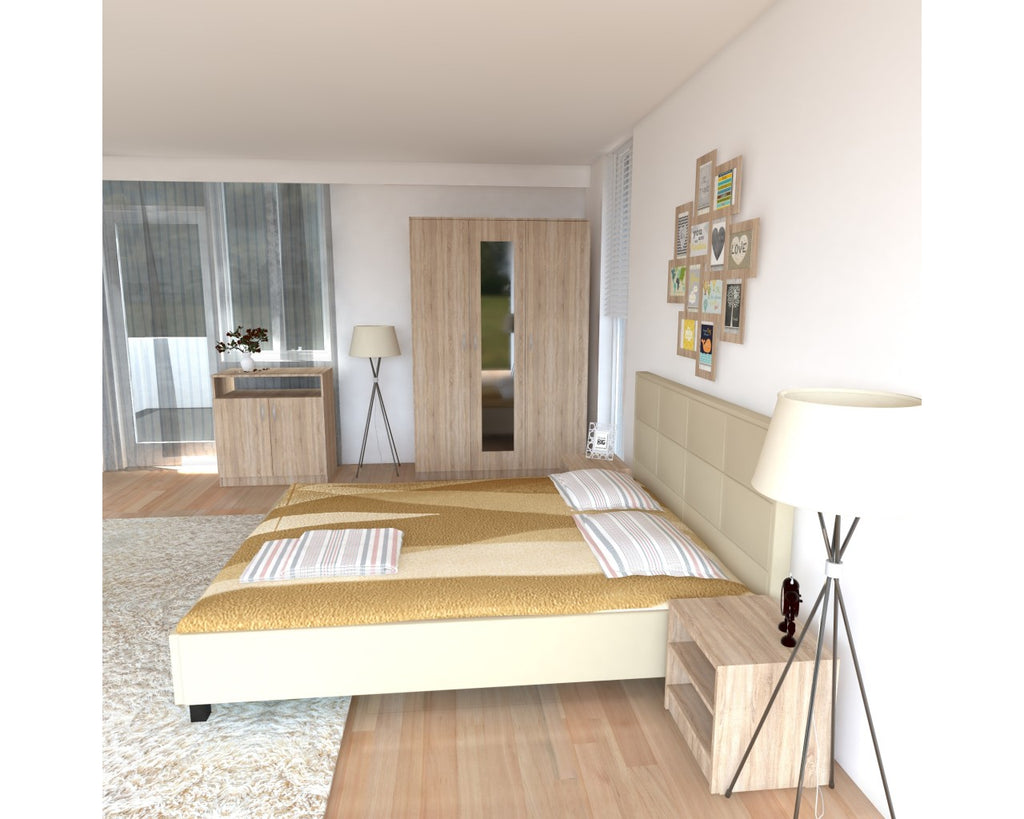 Dormitor Soft Sonoma cu pat tapitat bej pentru saltea 120x200 cm