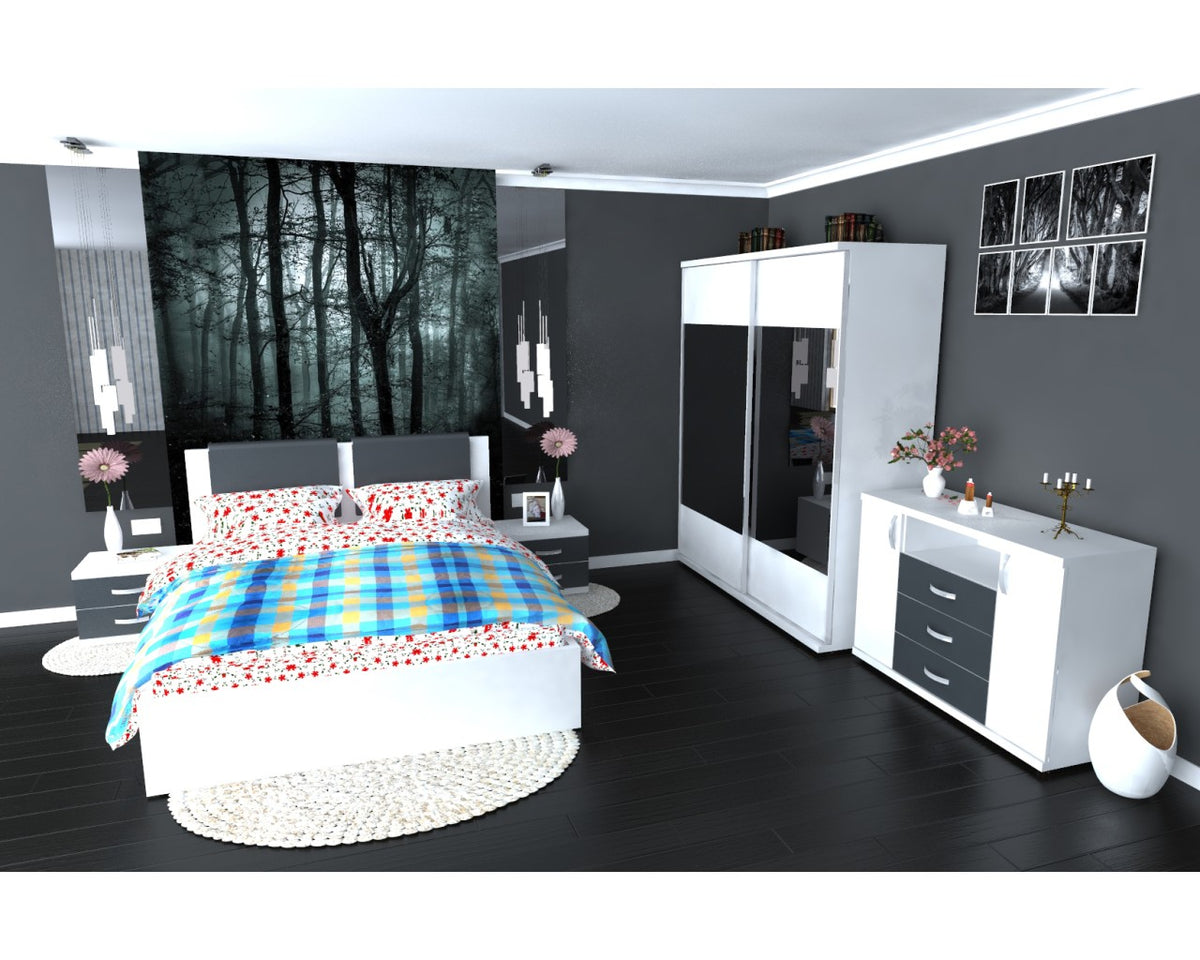 Dormitor Laguna cu pat 140x200 cu 2 sertare Alb cu Gri