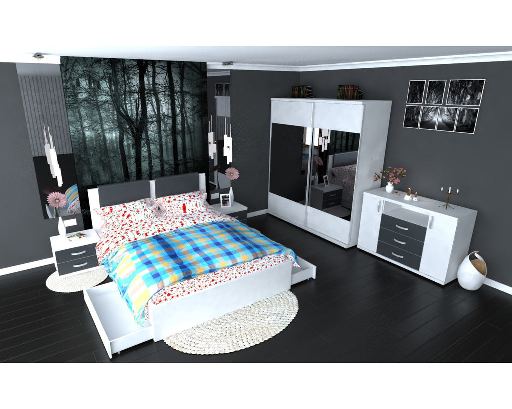 Dormitor Laguna cu pat 140x200 cu 2 sertare Alb cu Gri