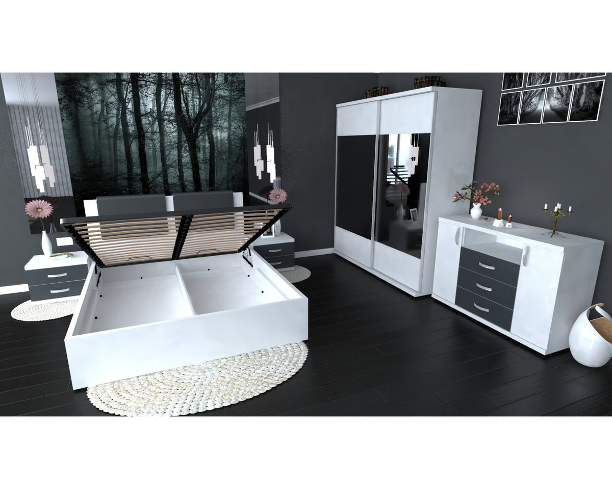 Dormitor Laguna cu pat 140x200 cu lada Alb cu Gri