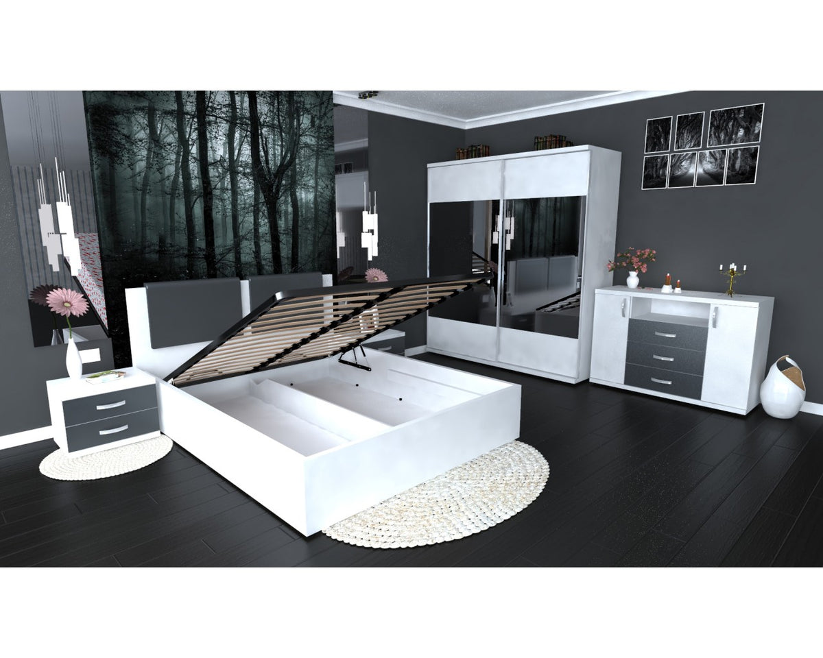 Dormitor Laguna cu pat 160x200 cu lada Alb cu Gri