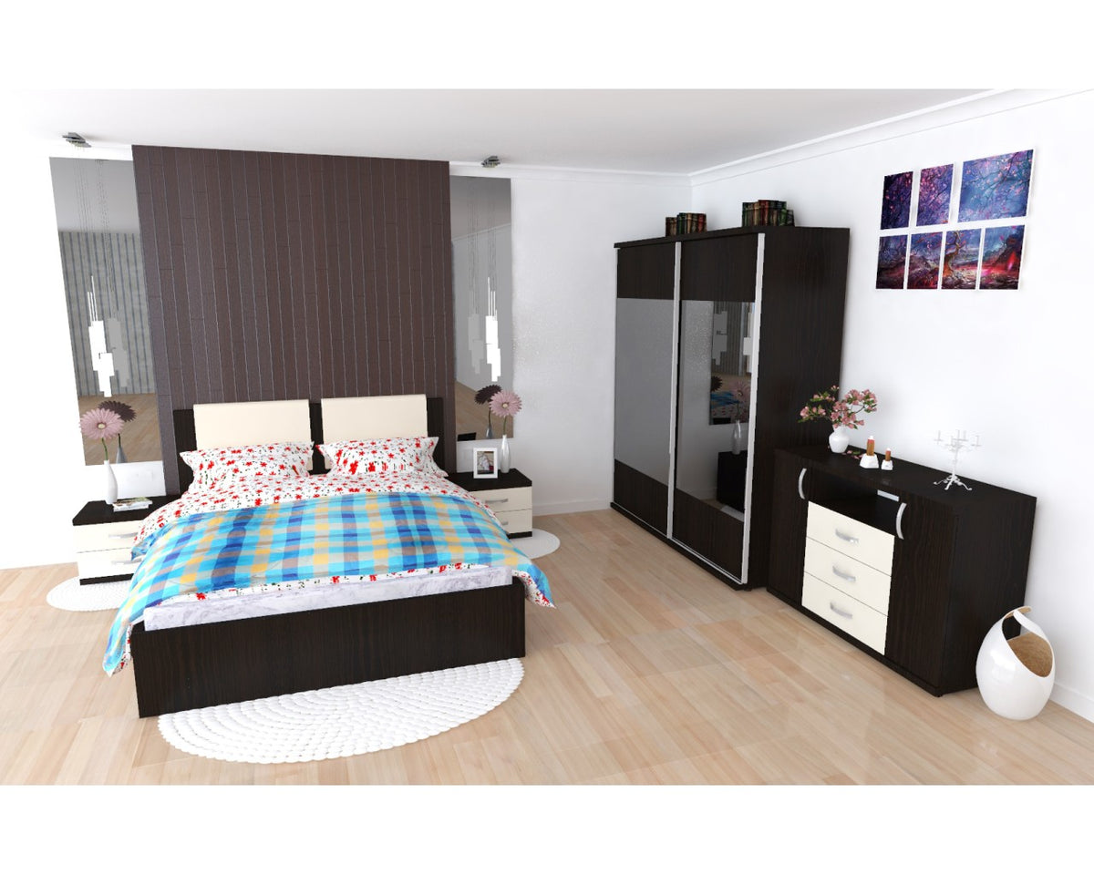 Dormitor Laguna cu pat 140x200 cu 2 sertare Wenge cu Vanilie