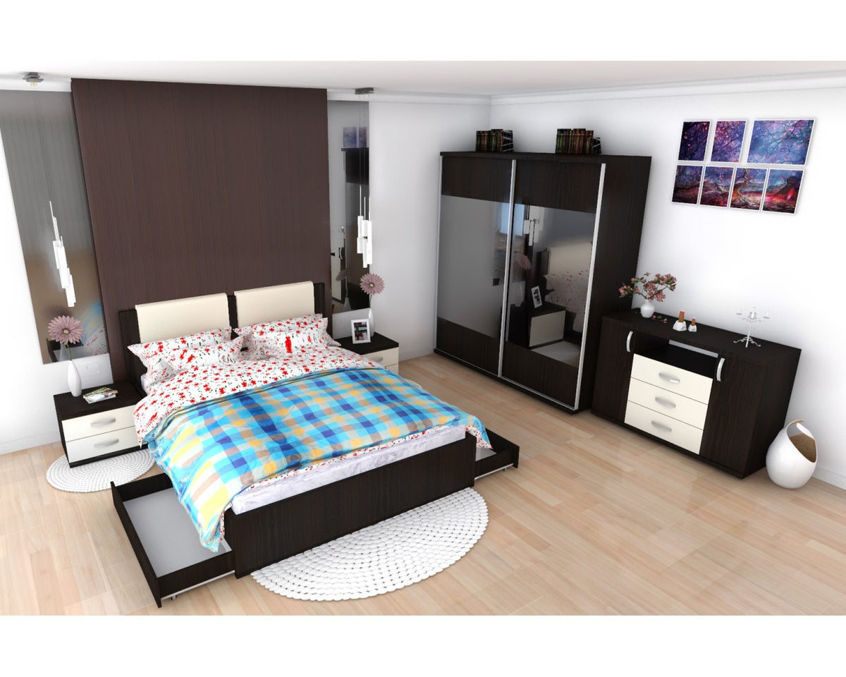 Dormitor Laguna cu pat 140x200 cu 2 sertare Wenge cu Vanilie