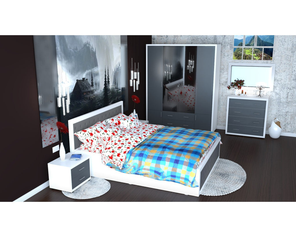Dormitor Torino cu pat 140x200 cm Alb / Gri