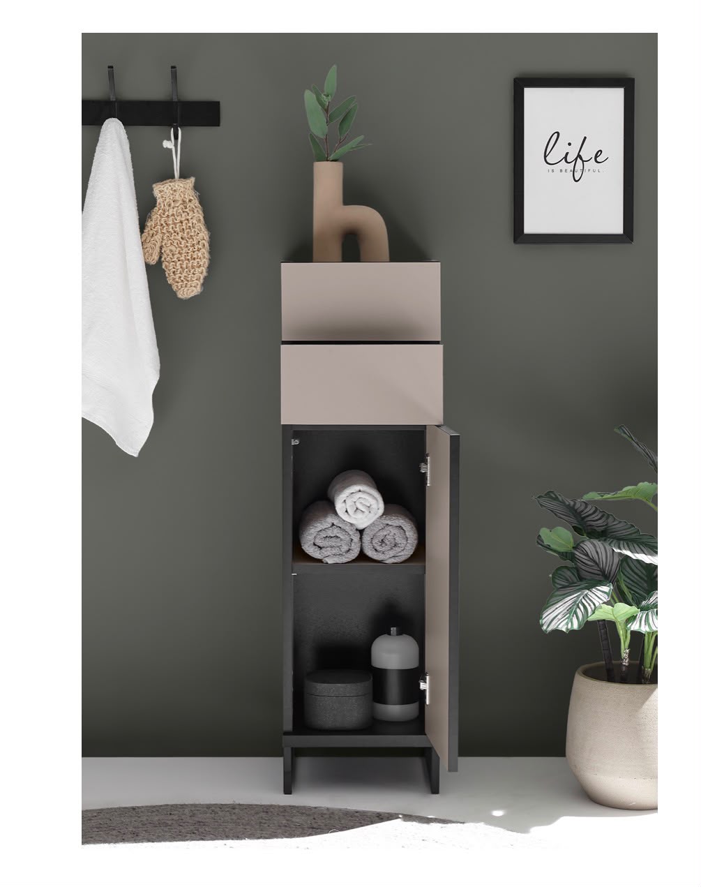 Dulap de baie Cleek, 30 cm, bej/negru