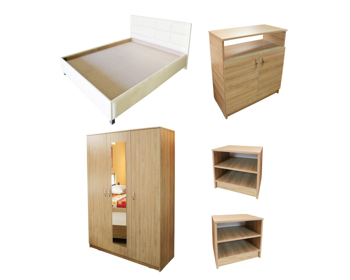 Dormitor Soft Sonoma cu pat tapitat bej pentru saltea 160x200 cm